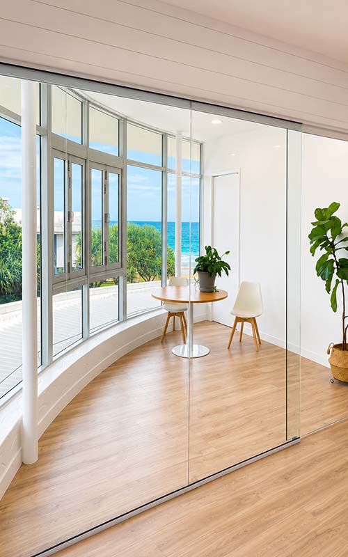 Frameless glass office partition in commercial interior