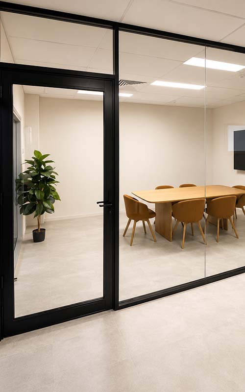 Black framed glass office partition and meeting room
