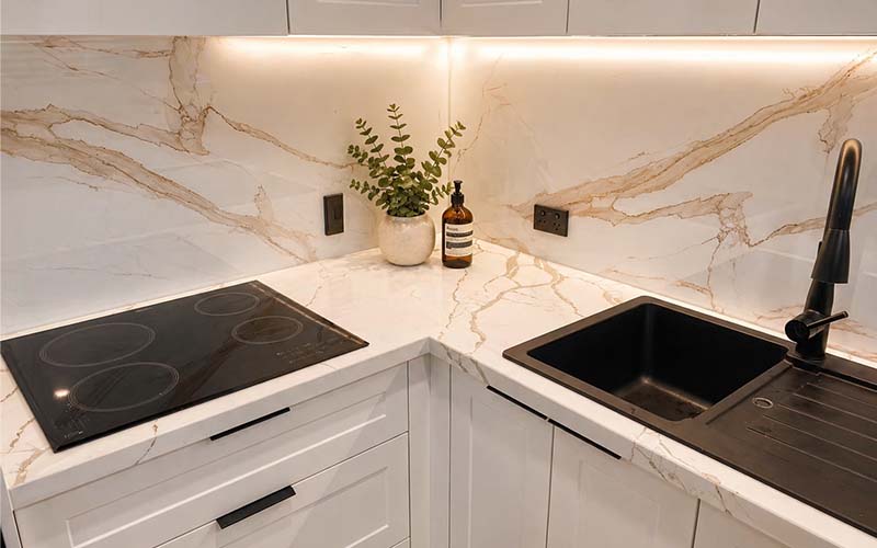 Coloured glass splashback in modern kitchen