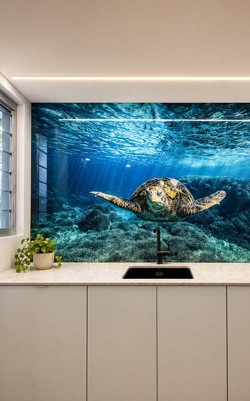 Blue glass splashback in kitchen