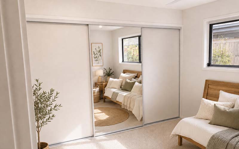 Framed mirrored wardrobe doors in bedroom