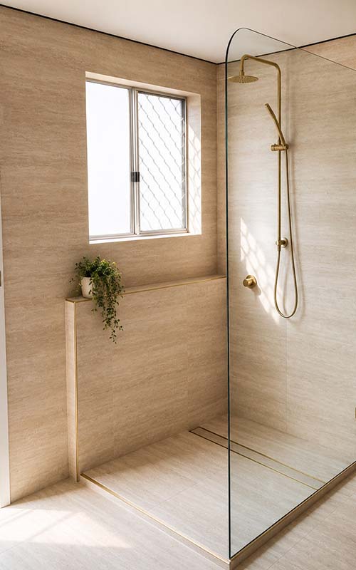 Frameless glass shower screen in modern bathroom