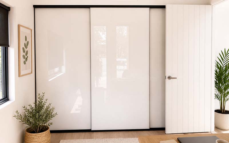 Mirrored wardrobe doors in modern bedroom