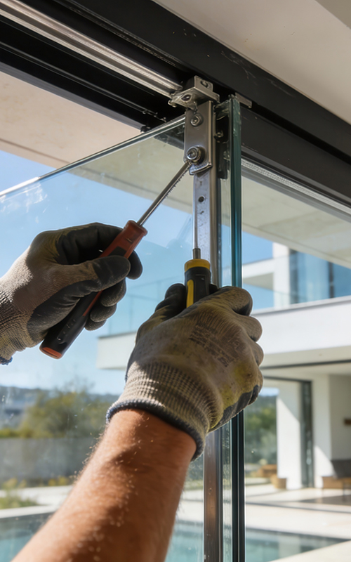Glazier installing glass