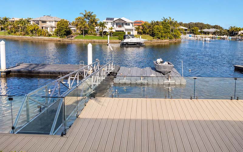 Semi-frameless glass balustrading overlooking waterfront