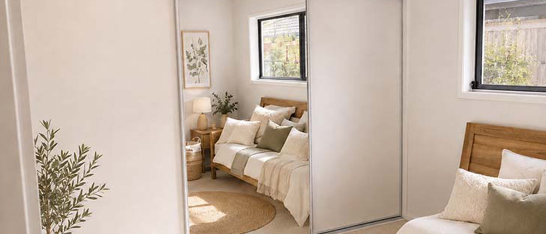 Mirrored sliding wardrobe doors in bedroom
